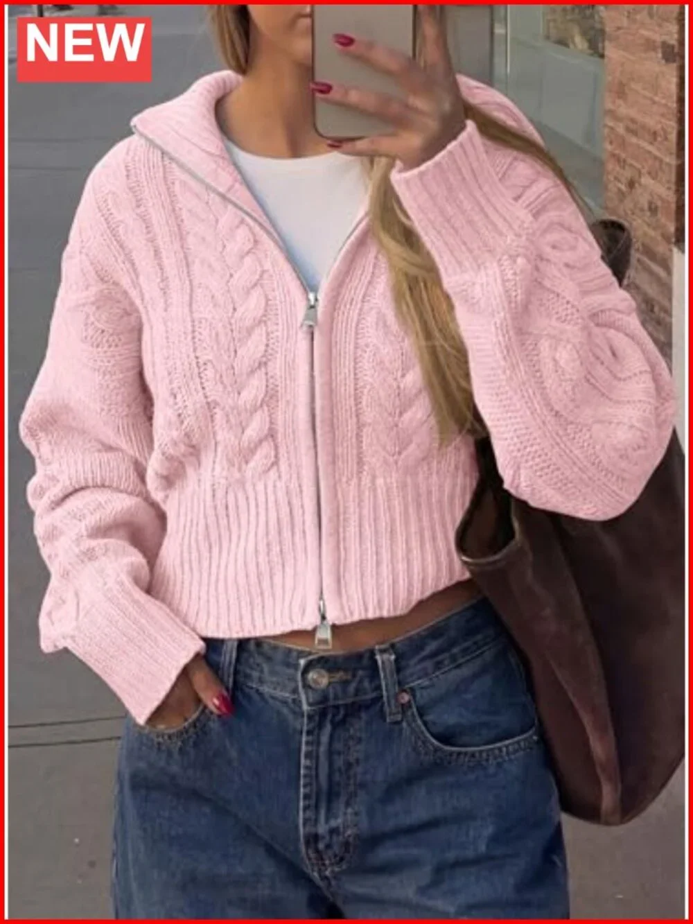 Cable Knit Cropped Cardigan Zip Up Sweater Long Sleeve
